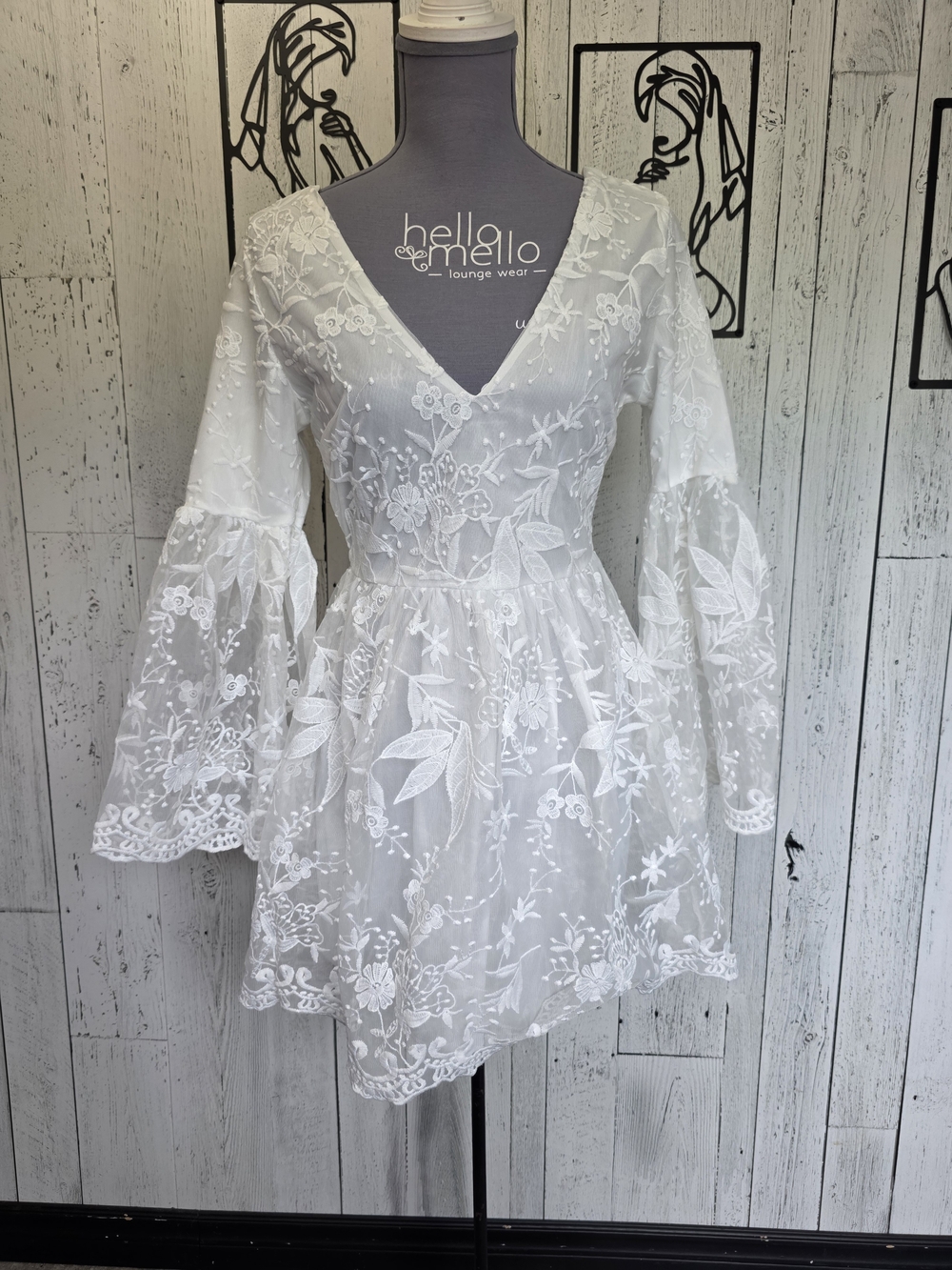 CBR White Embroidered Bell Sleeve Mini Dress Medium NWT Boho Cottagecore Wedding